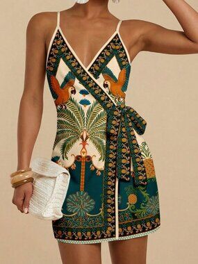White Boho Women's Mini Dress with Parrot & Palm Tree Print